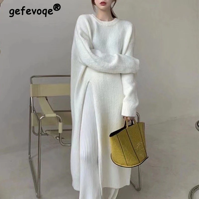 

Autumn Winter O Neck Simple Slit Knitting Robe Ladies Loose Casual Solid Color Dress Women's Vestidos De Fiesta Female Clothes