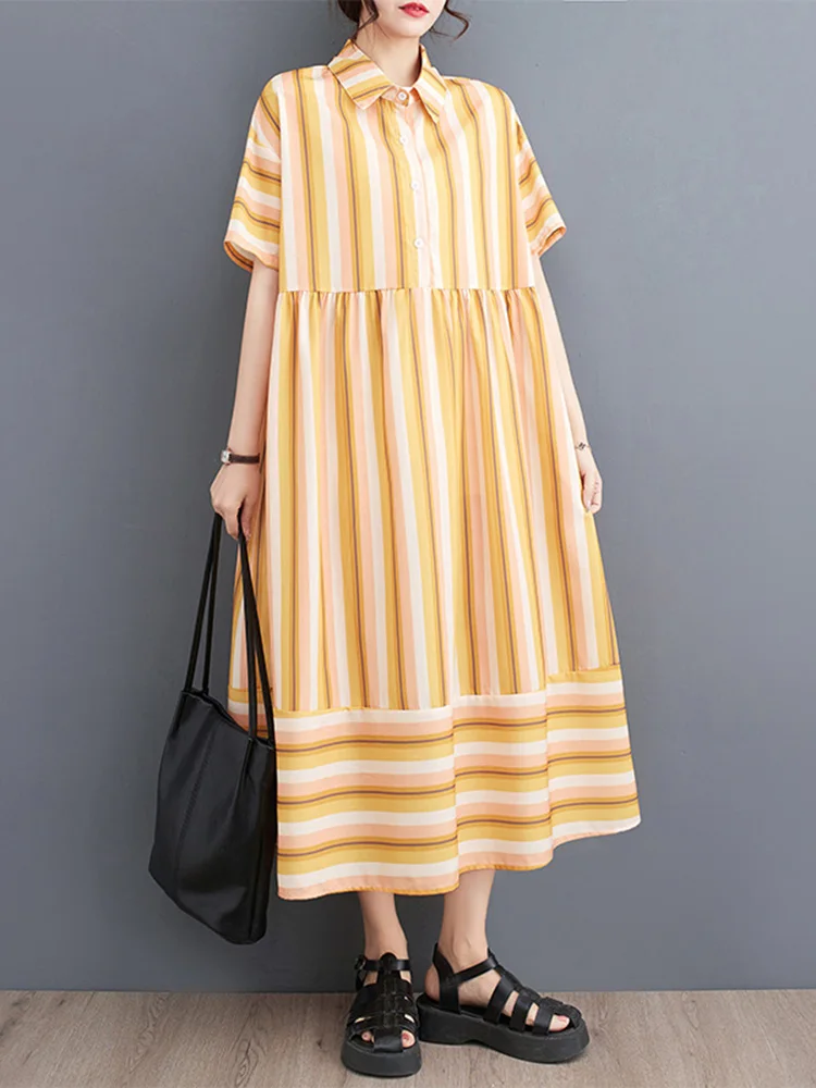 

Fashion Pullover Casual Style Summer Shirt Dress Minority Loose Elegant Casual Short Sleeve Striped Cotton Long Dress for Women