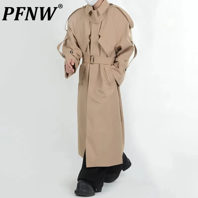 

PFNW нишевой дизайн мужские длинные пальто со шнуровкой и украшением Лоскутная ветровка в стиле Хай-стрит однотонные Топы Осень 2023 Новинка 28W1814
