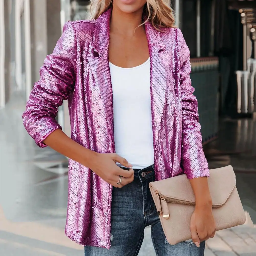 

Women Coat Long Sleeves Cardigan Loose Turn-down Collar Single-breasted Shiny Sequin Charming Autumn Blazer for Dating Jackets
