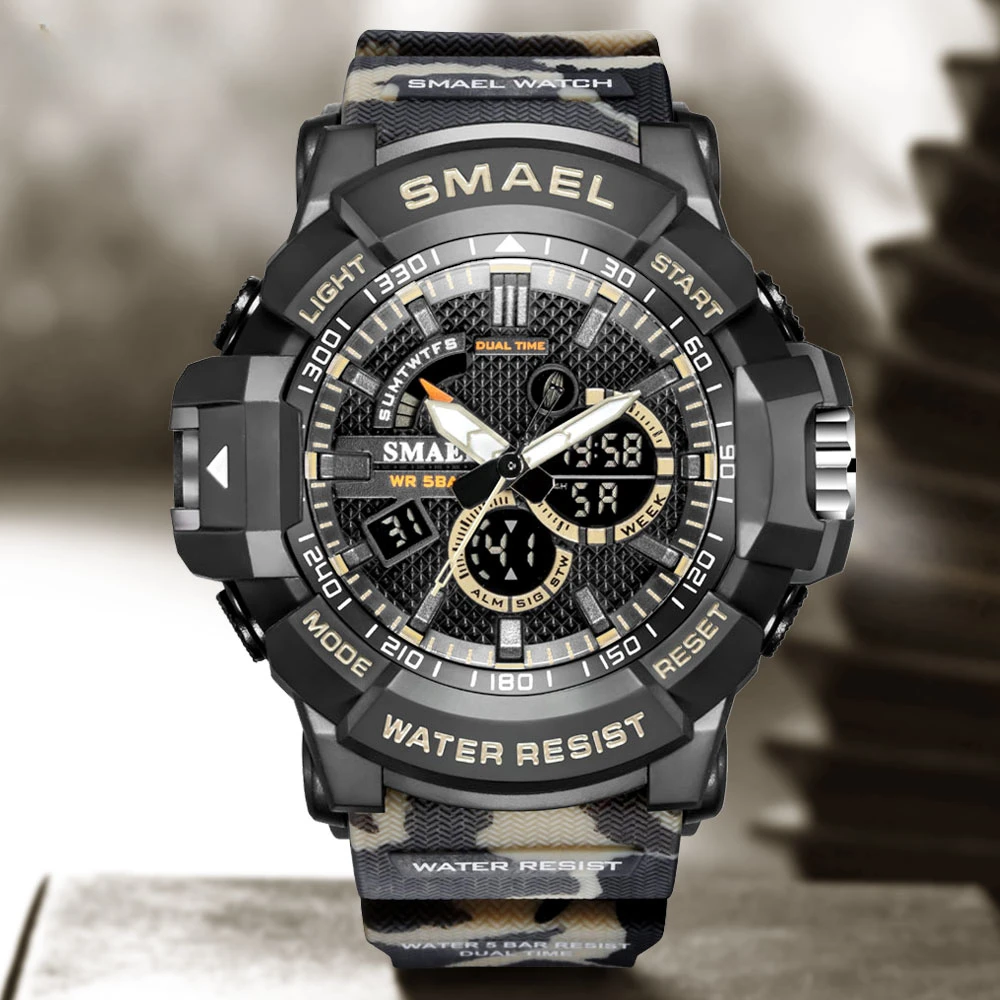 

Dual Time Display Quartz Watch for Men Waterproof LED Auto Date Wristwatch Military Sport Digital Watches relogio1809 Camo