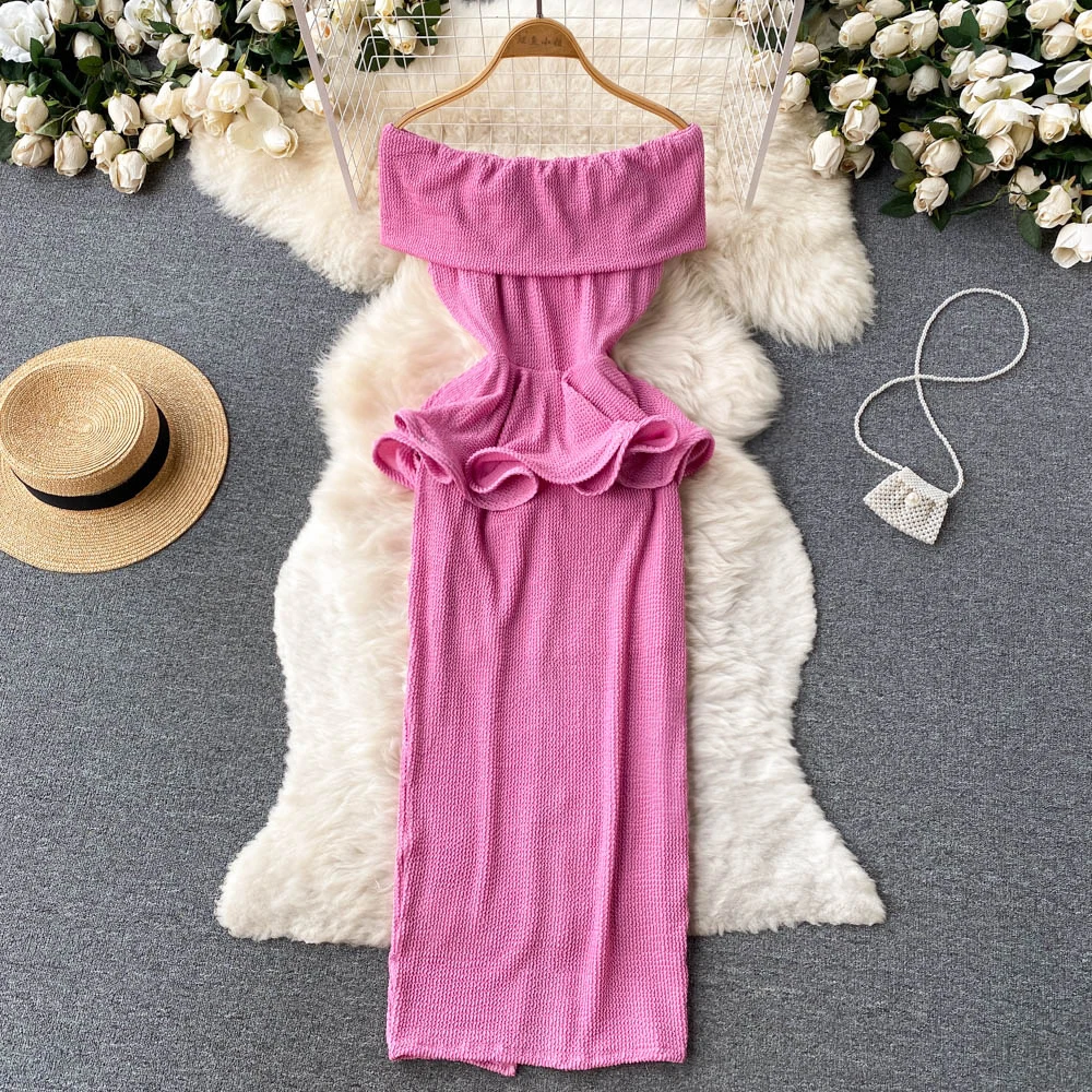 

Sexy Slash Neck Off Shoulder Slim Fitting Ruffle Waist Slim Wrap Hip Dress Summer Women's New Solid Color Clothes Vestidos F034