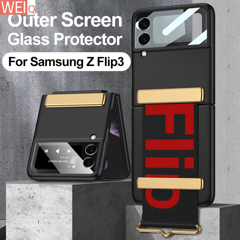 

Ультратонкий Жесткий Чехол-книжка с ремешком на запястье для Samsung Galaxy Z Flip 3, стеклянный защитный чехол для телефона Galaxy Z Flip3