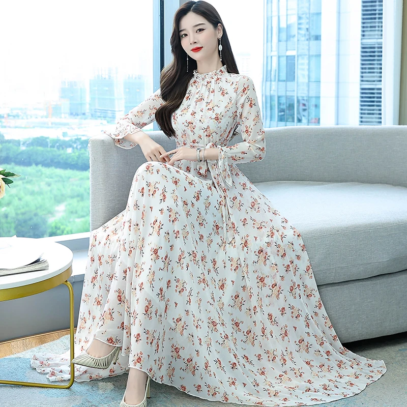 

2022 Summer Boho Beach Maxi Dress for Women Fashion Pink Print Chiffon O-neck Long-sleeve Long Dress Casual Loose Party Vestidos