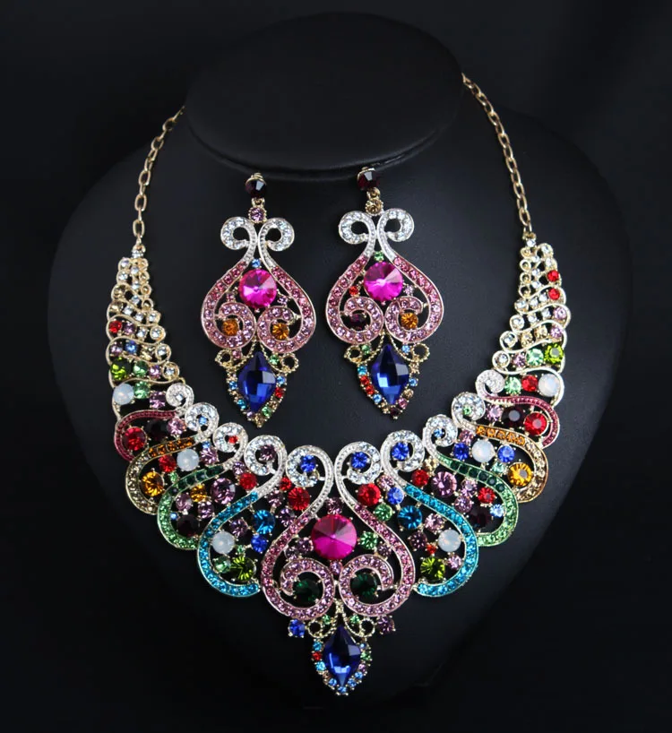 

Colorful Jewel Short Clavicle Necklace and Earrings Suite Dress Dinner Bride Female Accessories