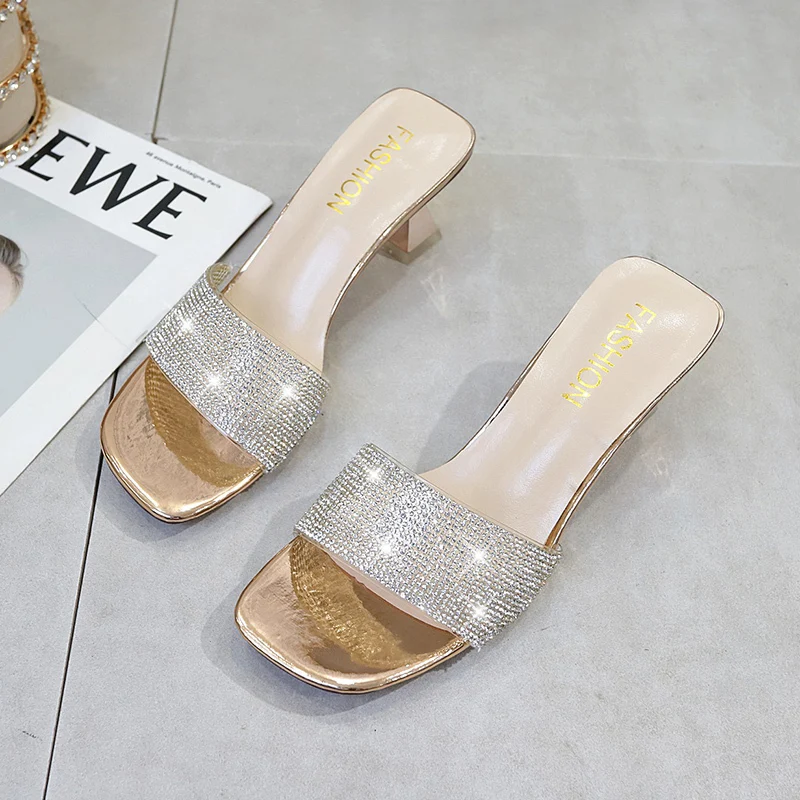 

2022 Diamond Women Sandals Shoe Summer Crystal Open Toe High Heels Slippers Sandalia Party Dress Ins Shoes Size 35-42