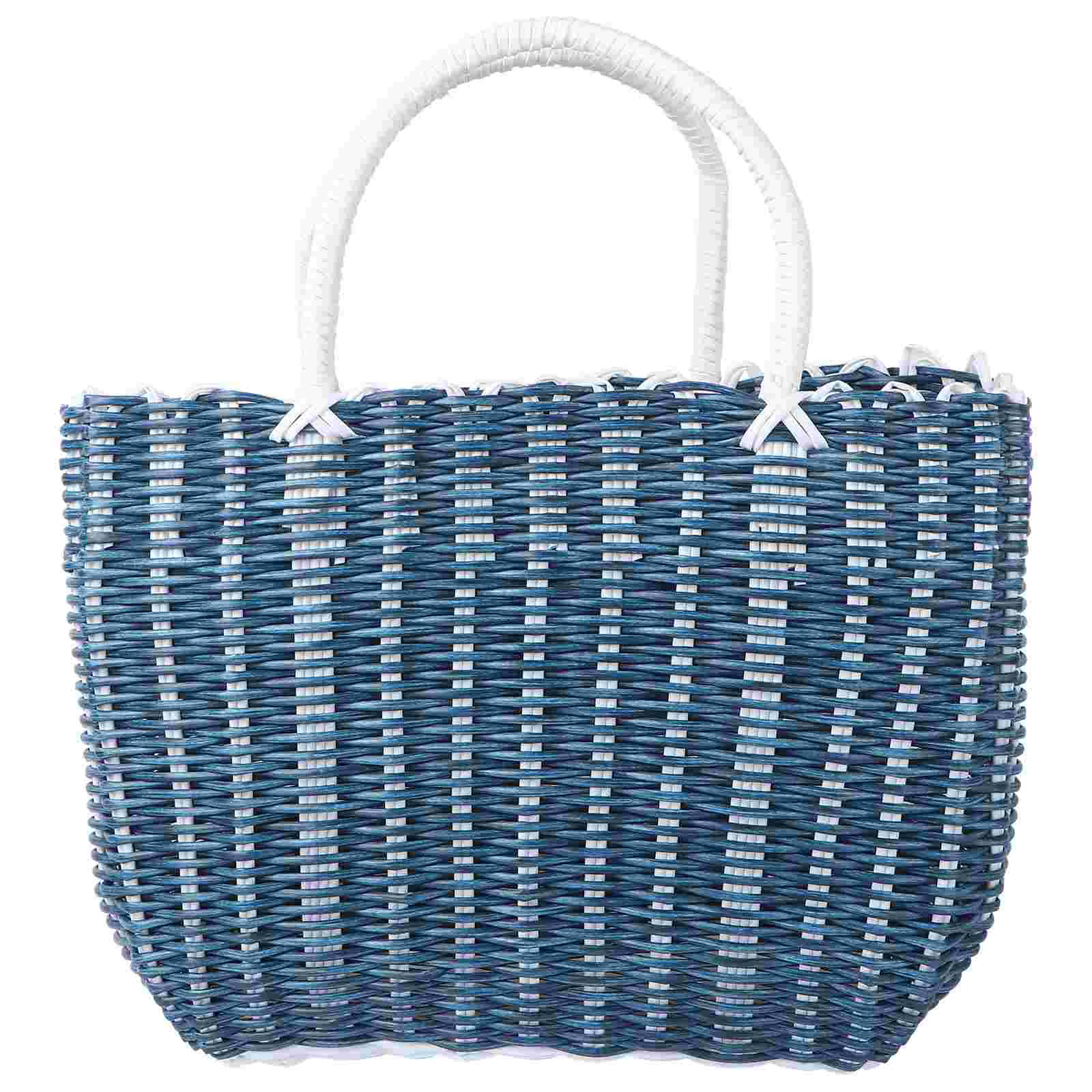 

Basket Woven Shopping Tote Plastic Market Storage Handle Grocery Beach Picnic Baskets Handles Straw Rattan Wicker Shower Large