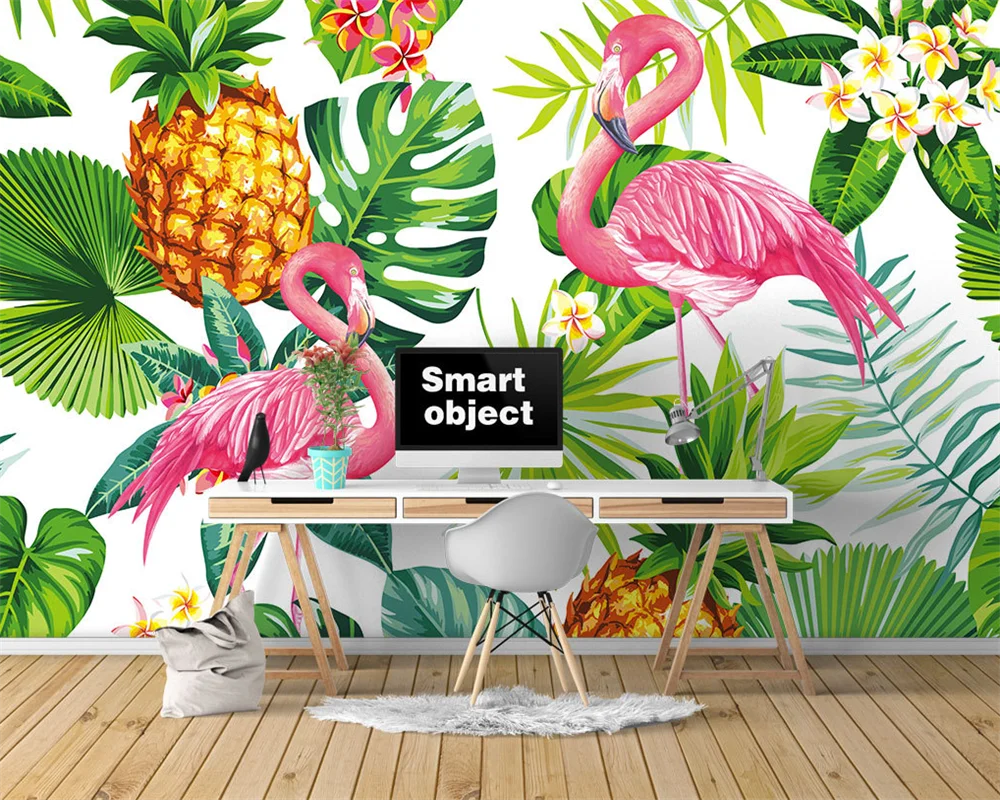 

beibehang papel de parede Custom modern papier peint style green hand painted tropical plants flamingo background wallpaper