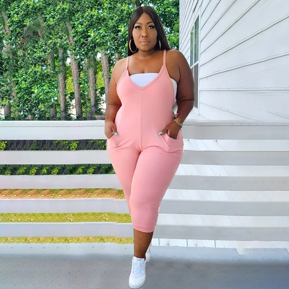 

2022 Summer Woman Pink Casual Pocket Sleeveless Plus Size Jumpsuits One Piece Rompers Nightclub Elegant Playsuit XL~5XL