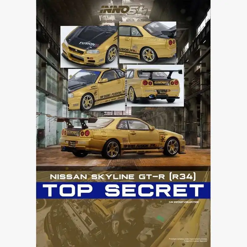 Фото INNO в наличии 1:64 TOP SECRET Nissan Skyline R34 GTR Золотая литая диорама Коллекция моделей автомобилей Миниатюрные игрушки №2