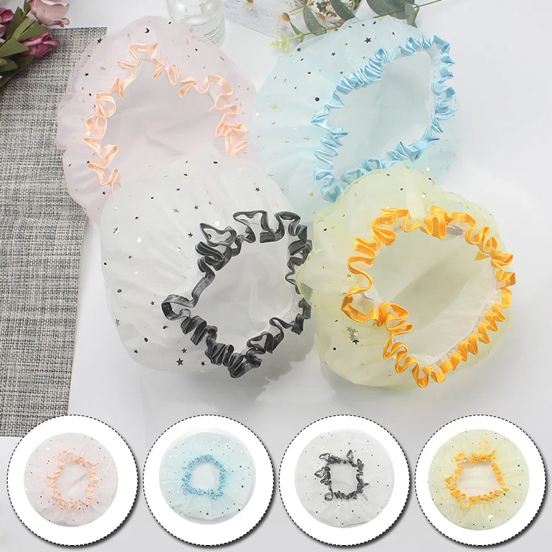 

Fashion Waterproof Bath Hat Double Layer Shower Cap With Elastic Band Star Pattern Bath Hats Hair Salon Accessories Supplies