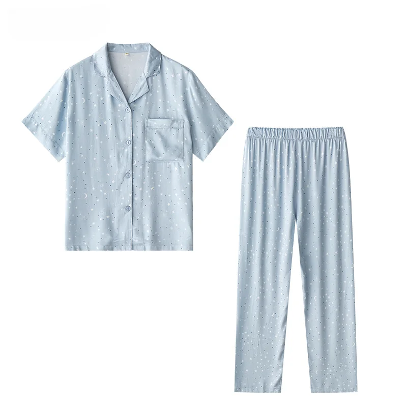 

Женские хлопковые Пижамные комплекты Star Moon, длинные штаны с коротким рукавом и принтом синего цвета, домашняя одежда, весна-лето 2023