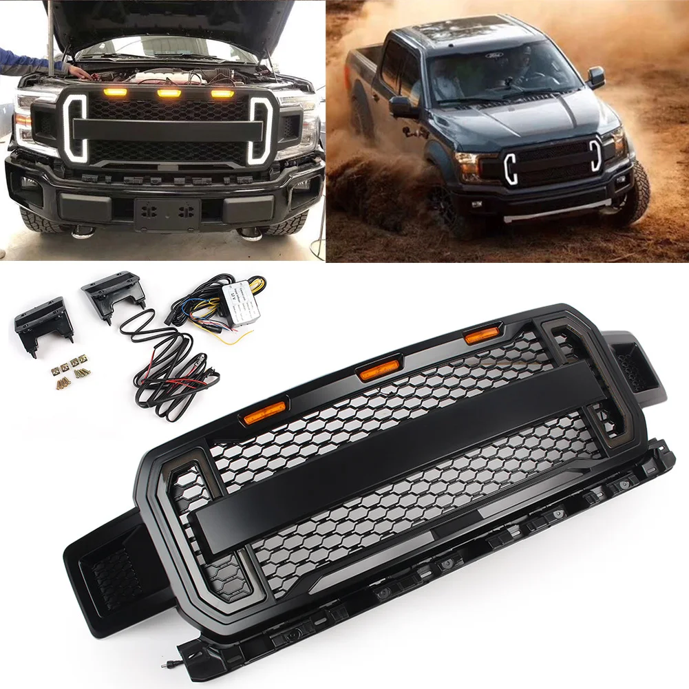 

Для Ford F150 F-150 2018 2019 Раптор стиль передний бампер решетка с светодиодным янтарным светом автомобильные аксессуары
