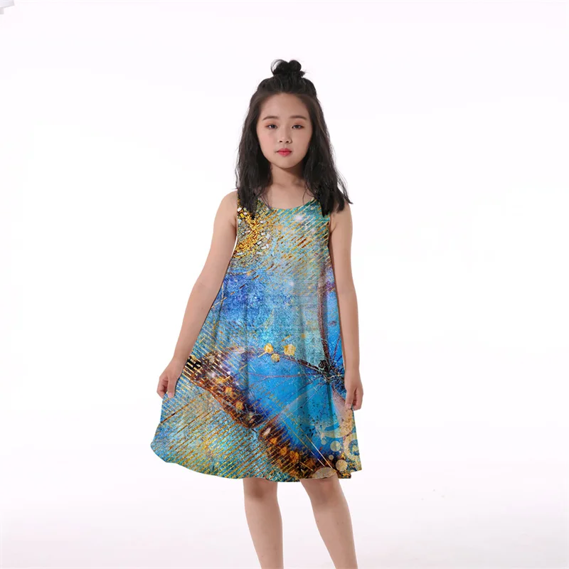 

4-14 Years Old Girl Dress New Summer 3D Print Gradient Color Ideas Baby Girl Dress Children Clothing Dress Dropshipping