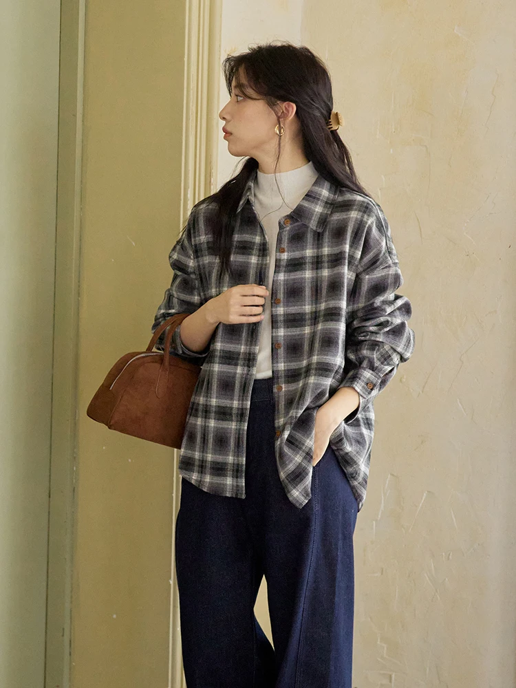 Supmwos Французские сложенные клетчатые утолщенные рубашки с начесом женская