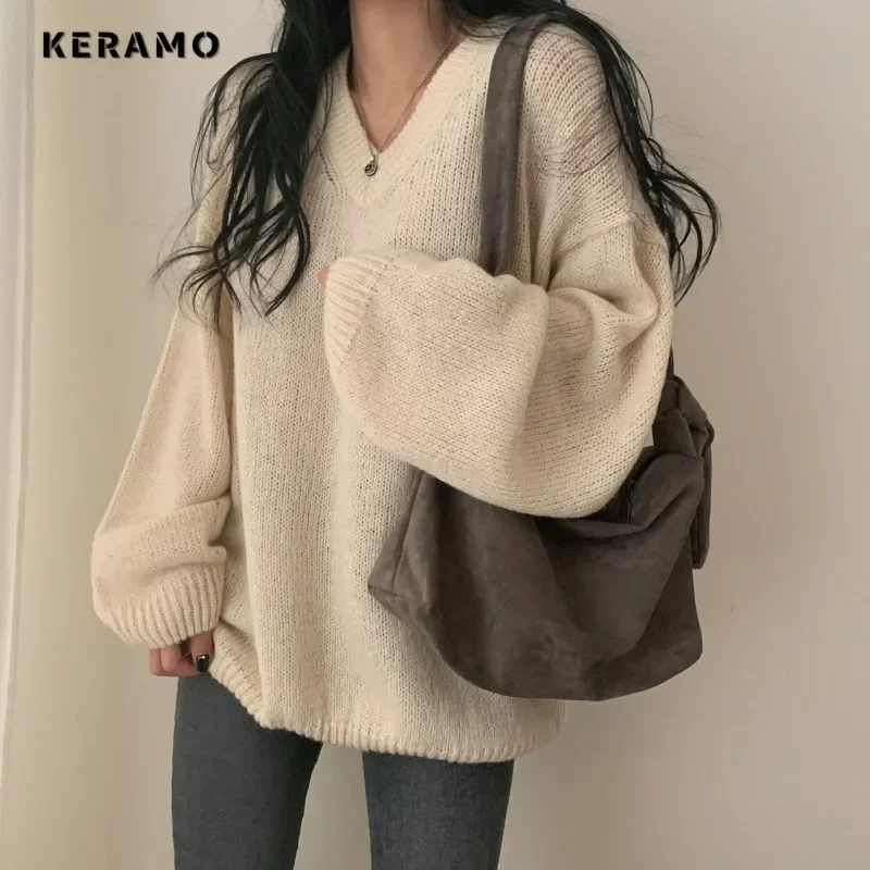 Женский винтажный вязаный пуловер с длинным рукавом повседневный Однотонный