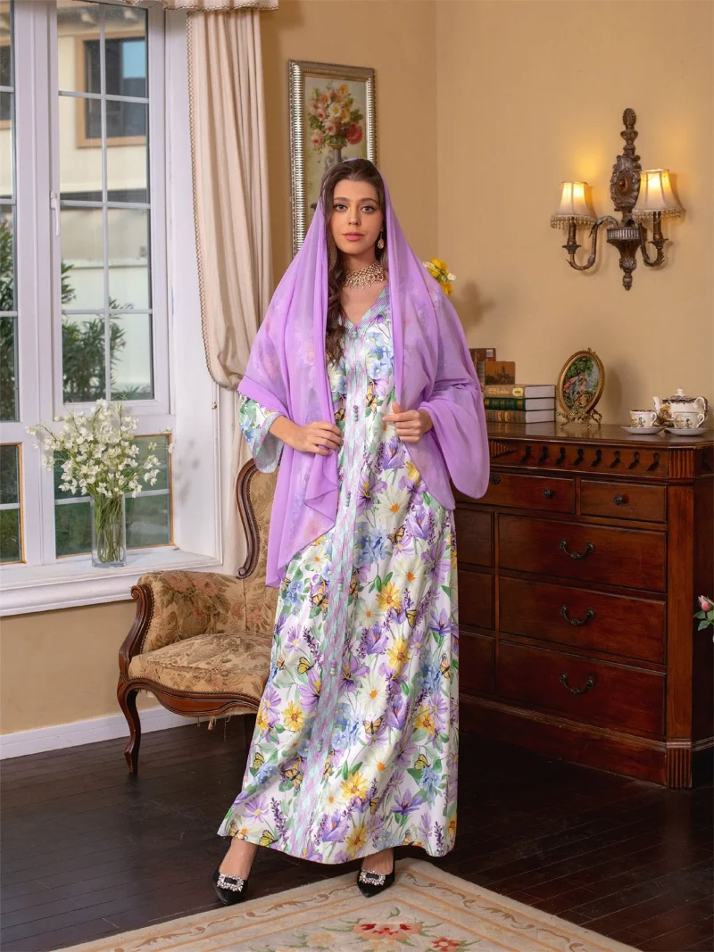 Ethnic Floral Printed Long Dresses Elegant V-Neck Lace Tape Modest Fashion Dress Eid Mubarak Abaya For Woman Free Shipping