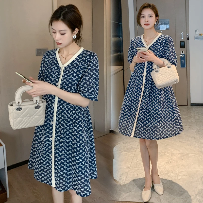 

6820# Embroidery Maternity Dresses Summer Korean Fashion V neck Slim A Line Clothes for Pregnant Women OL Work Pregnancy Formal