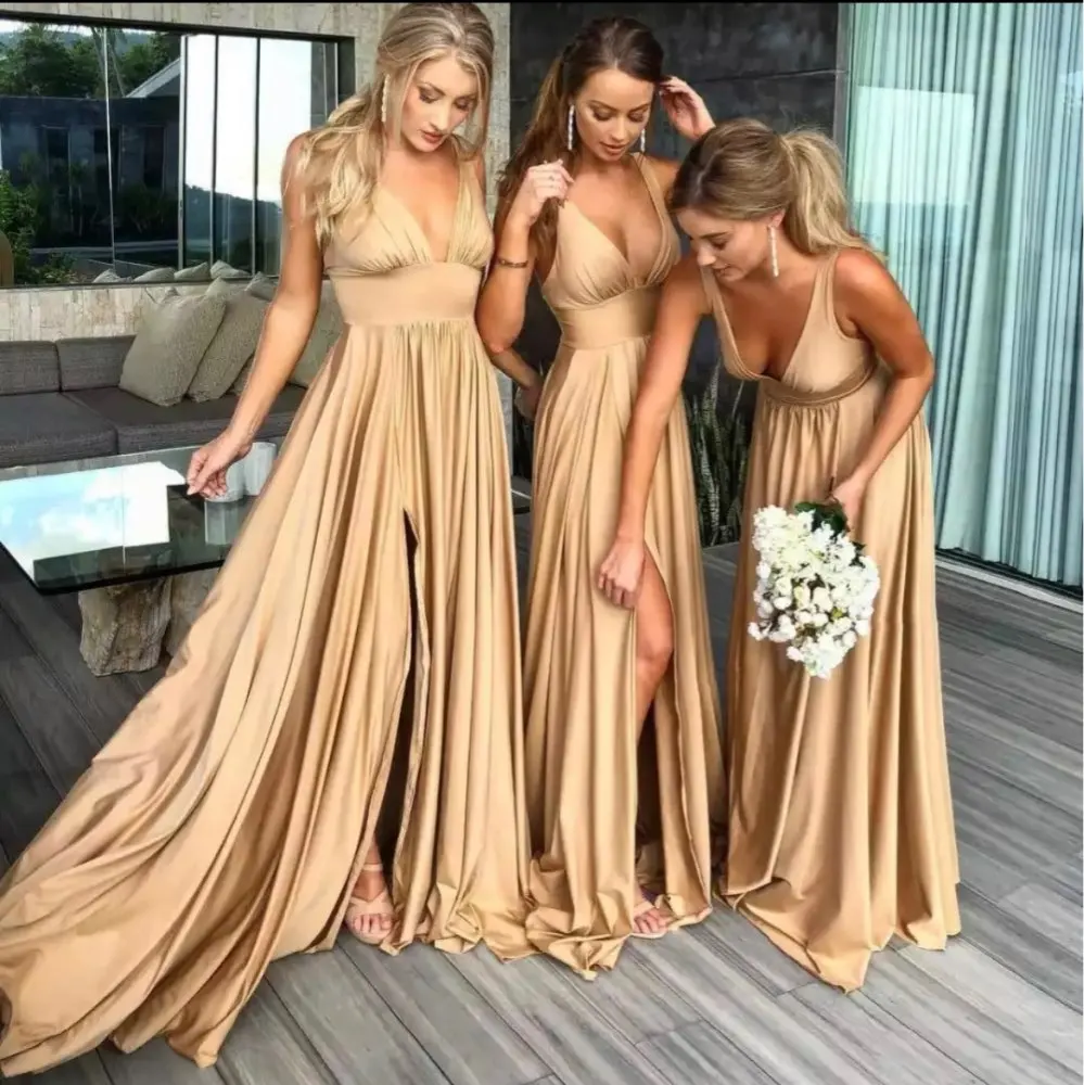 

Verngo Simple A Line Silk Satin Long Bridesmaid Dresses V Neck Side Slit Floor Length Maid Of Honor Gowns Women Formal Dress