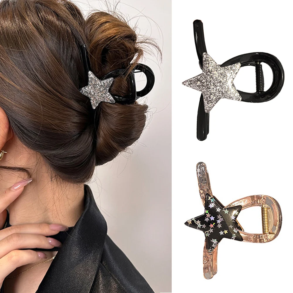 

Geometric Star Hair Claw Medium Size Shark Clip Hair Accessories Silver Stars Ponytail Sweet Girly Pentagram Star Hair Clip
