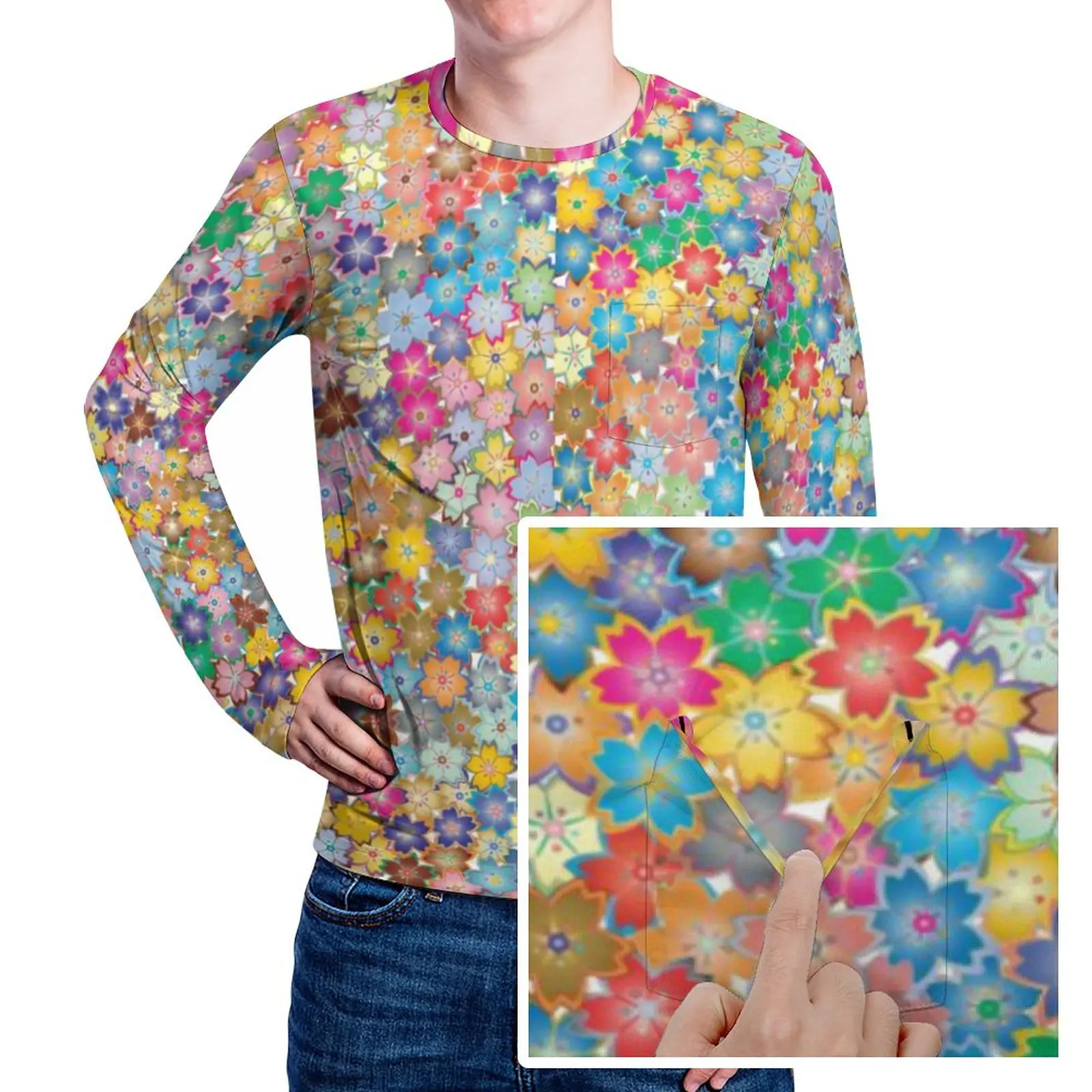 

Яркий Женский Топ с цветочным принтом, с карманом и длинным рукавом