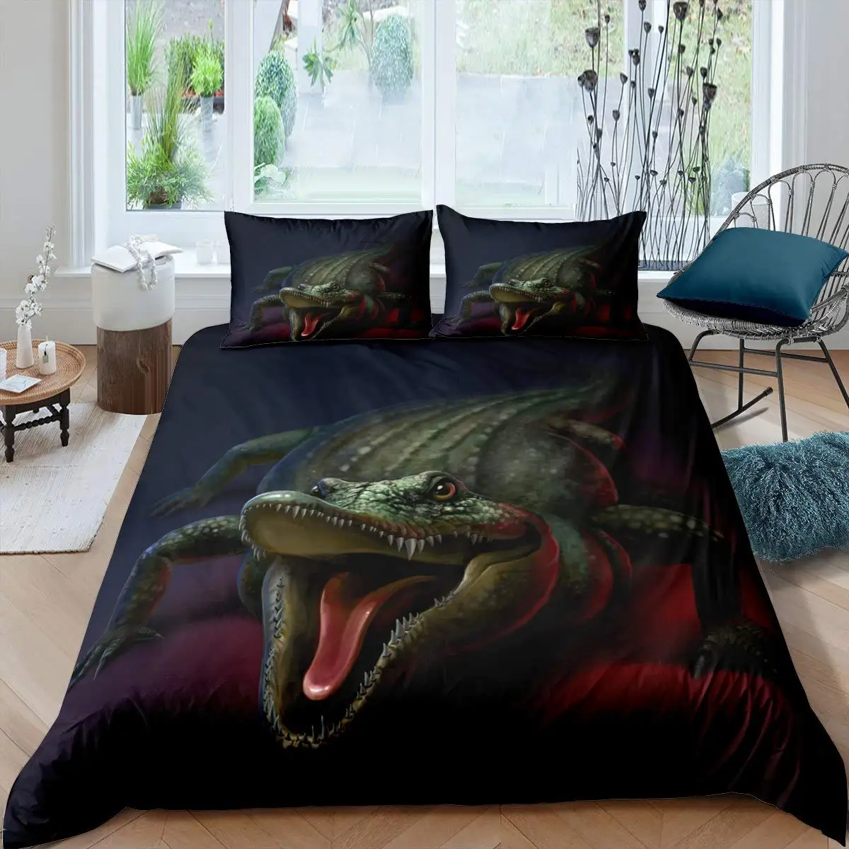 

Crocodile Duvet Cover King Queen Wild Alligator Bedding Set Boys Teens Adults Horror Animal Soft Polyester Comforter Cover Green