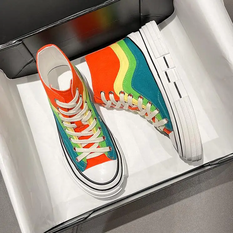 

Новинка Весна 2023, кроссовки для девочек, яркие холщовые туфли с высоким верхом и радужными конфетами, женская обувь