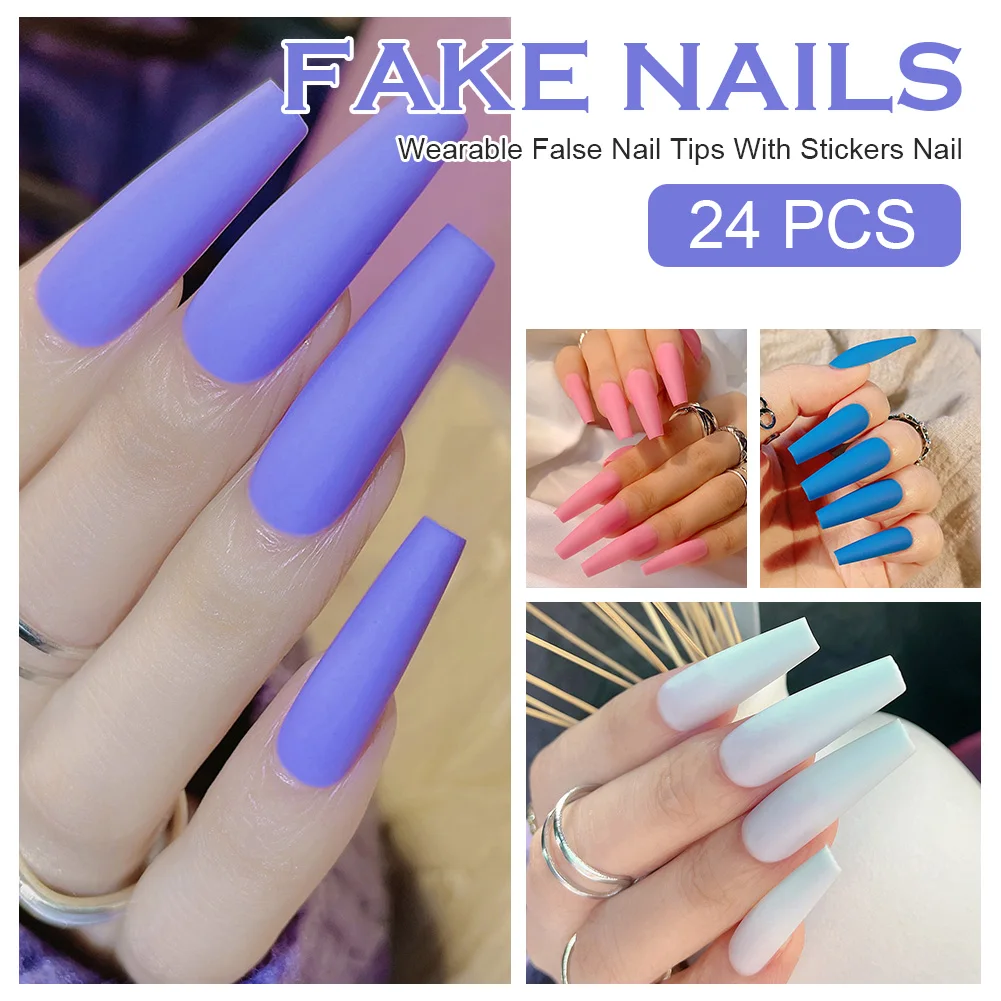 

24pcs Acrylic Matte False Nails Press On Nails Blue Pink Purple Long Coffin Fake Nails Full Cover Acrylic False Nail Art Tips