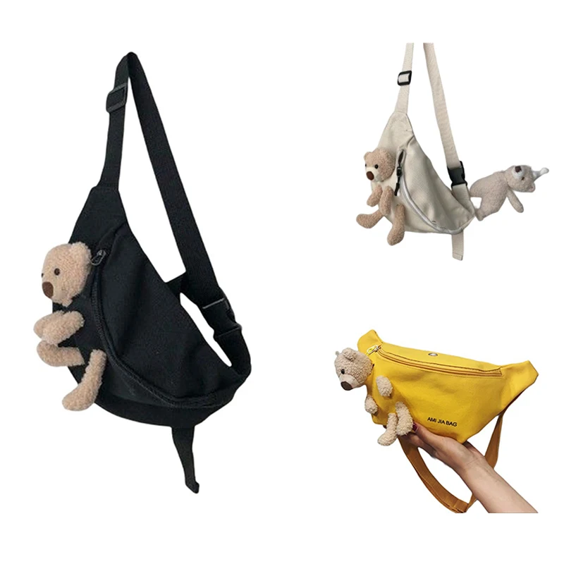 

NEW-Crossbody Canvas Chest Bag Trendy Cute Bear Waist Bag Student All-Match Crossbody Bag