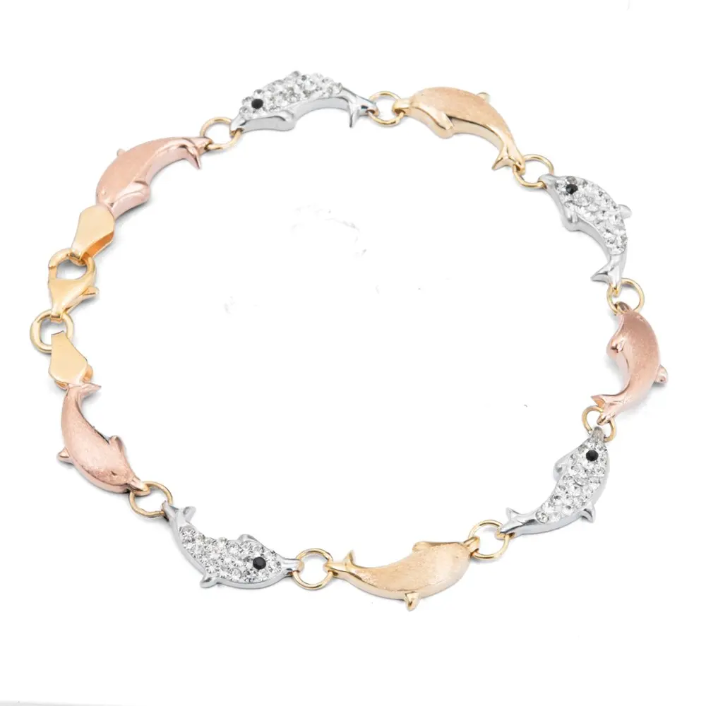 

Crystal Sterling Silver Tri-Color Dolphin Bracelet, 7.75"