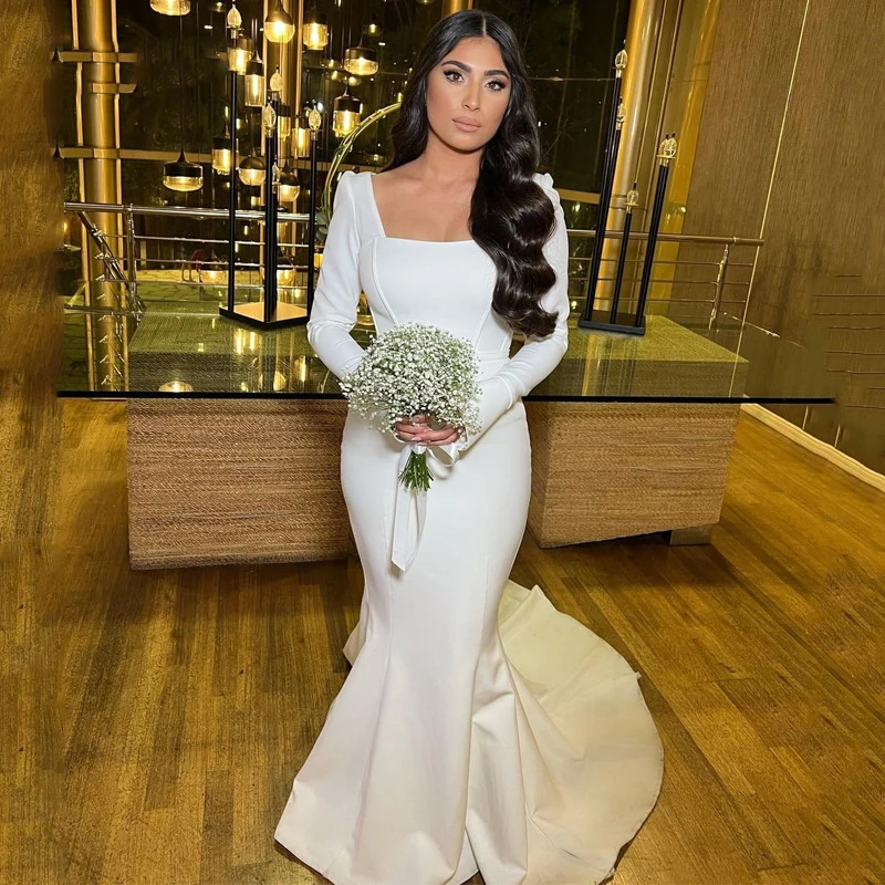 

Sexy Wedding Dresses Mermaid White/Ivory Bride Dress Long Sleeves Sweep Train Princess Wedding Evening Gowns Plus Size