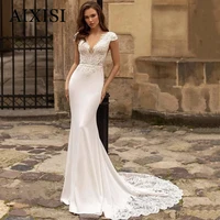 elegant mermaid wedding dress short sleeves v neck vestidos de novia lace appliques satin robe de mariee aixisi 2022 new