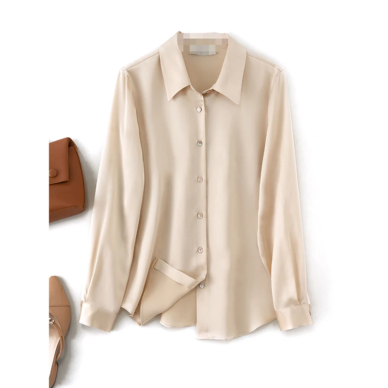 

Natural Silk Ladies Tops Long Sleeve Shirt Women Spandex Turn-down Collar Office Lady Poplin Solid Single Breasted Blouse