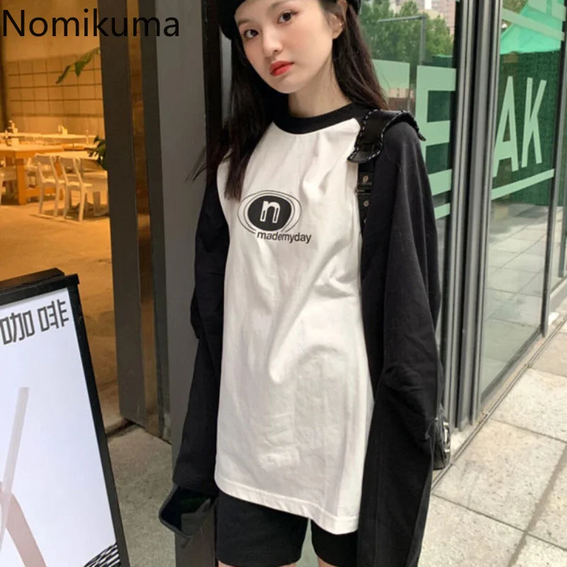 

Топы Nomikuma Y2k, весна-осень, контрастные цвета, пэчворк, с буквенным принтом, женская одежда, винтажные уличные модные рубашки в стиле Харадзюку