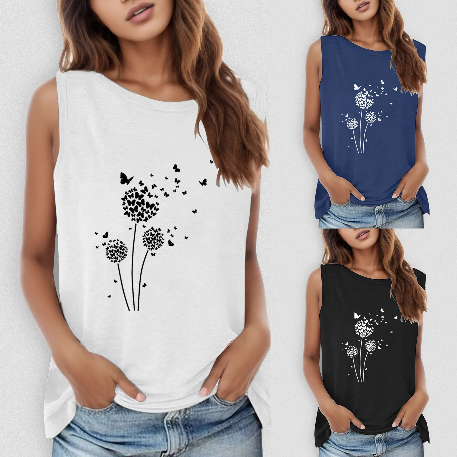 

Summer Women Sleeveless Flower Printed Crew Neck Tank Top Casual Vest Top Shirt Blouse for Women Top
