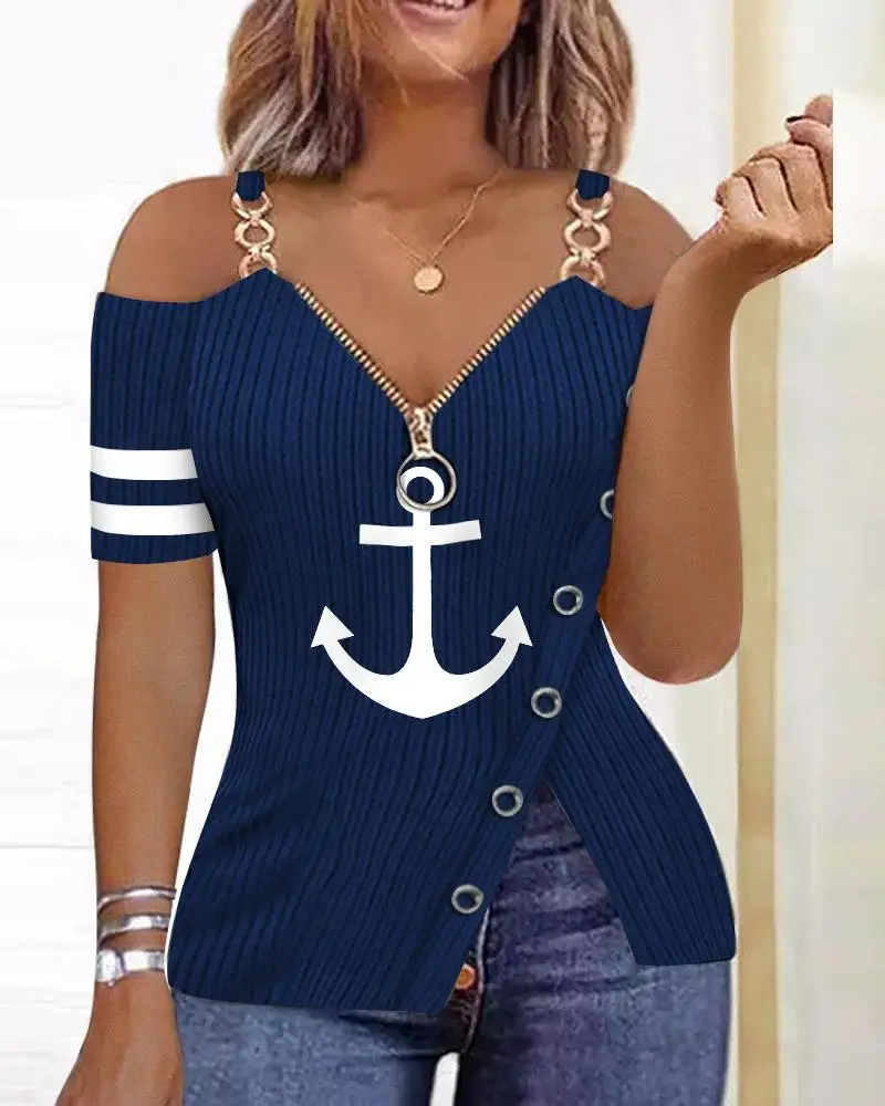 

Summer Anchor Print Zip Detail Split Hem Cold Shoulder Top Women Short Sleeve Spring T Shirt Tops Skinny Blouse Vintage Clothes