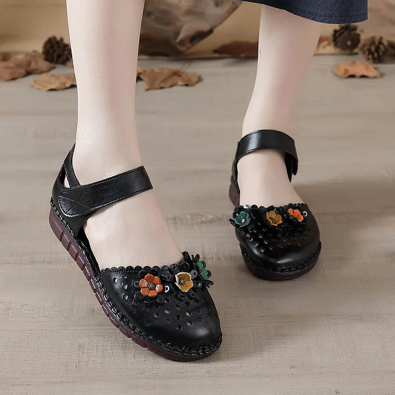 Plus Size 42 Women's Genuine Leather Flats Casual Summer Mary Janes Shoes Retro Sewing Sandals Ladies Flower Cut-outs Loafers