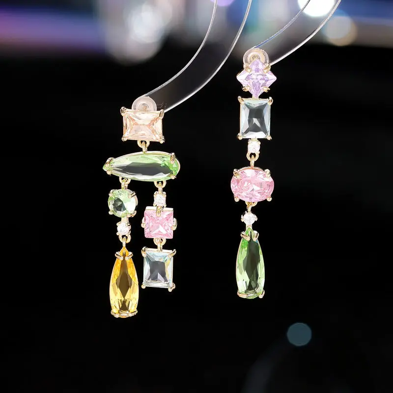 

Gorgeous Colorful Zircon Asymmetric Earrings Irregular Clear Zircon Pendant Dangle Drop Earrings for Women