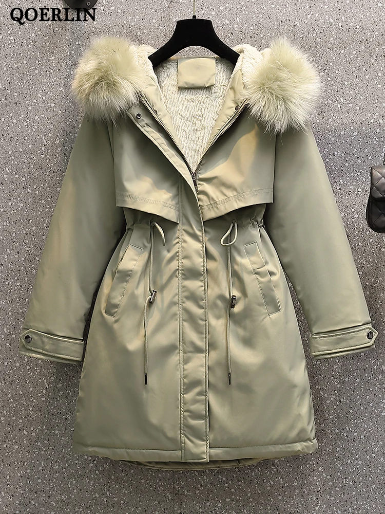 QOERLIN Green Parkas Women Winter Thick Coat with Hooded Long Sleeve Waisted Zipper Fly Fur Liner Keep Warm Overcoat 2022 New