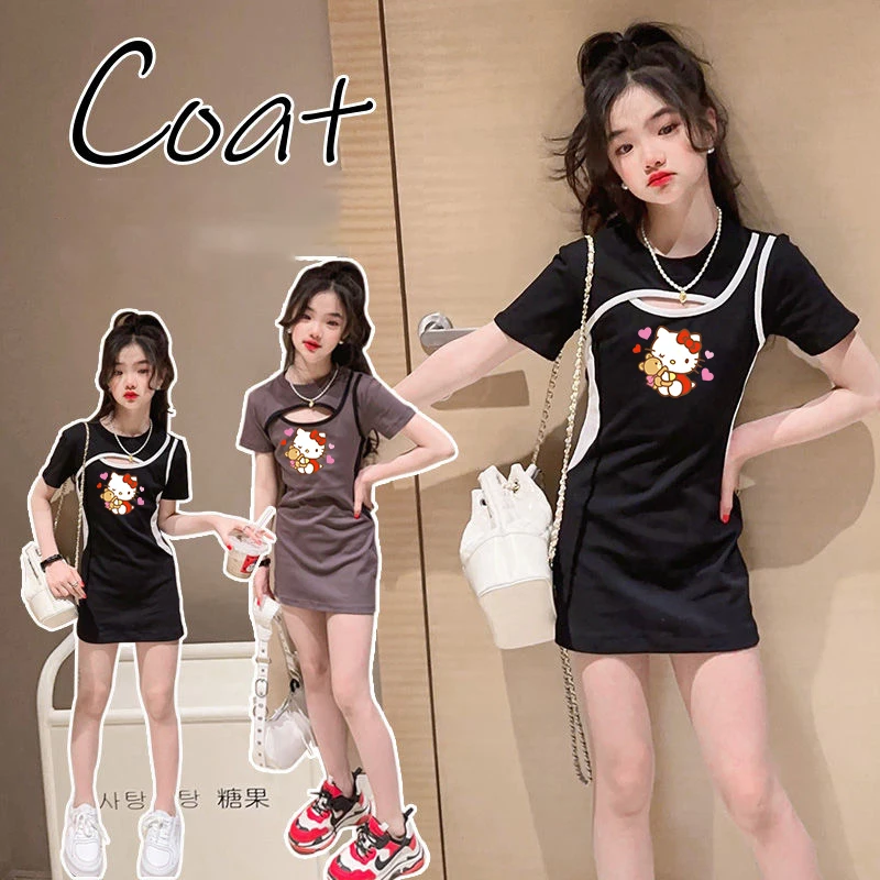 

2023 Kawaii Hello Kitty Girls Cotton Dress Anime Cartoon Sanrio Sports Skirt Summer Student Sweet Trend Black Dress Girls Gift