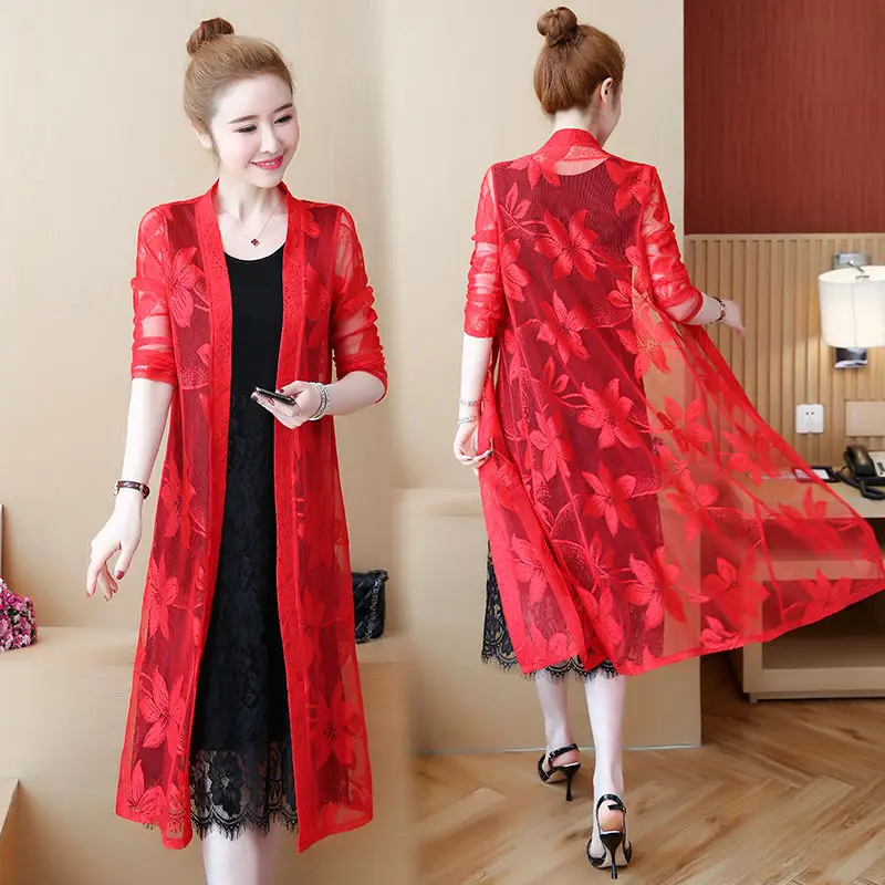

Women 2022 Summer Thin Lace Hollow Sunscreen Cardigan Female Air-conditioned Blouse Shirt New Ladies Casual Loose Shawl Top K57