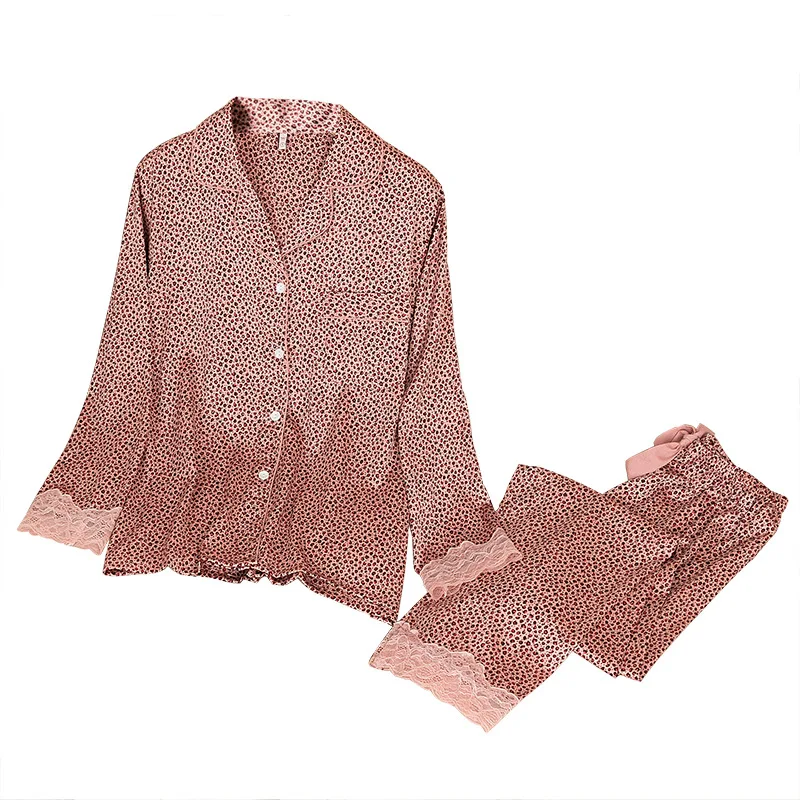 FALLINLAOE Leopard Print Women Pajama Set Ice Silk Soft Touch Spring and Autumn Long Sleeve Suit Pyjamas