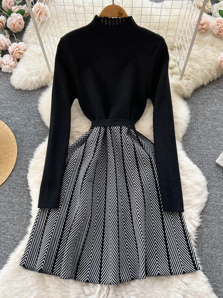 Женское зимнее толстое вязаное платье-свитер водолазка свободные платья на