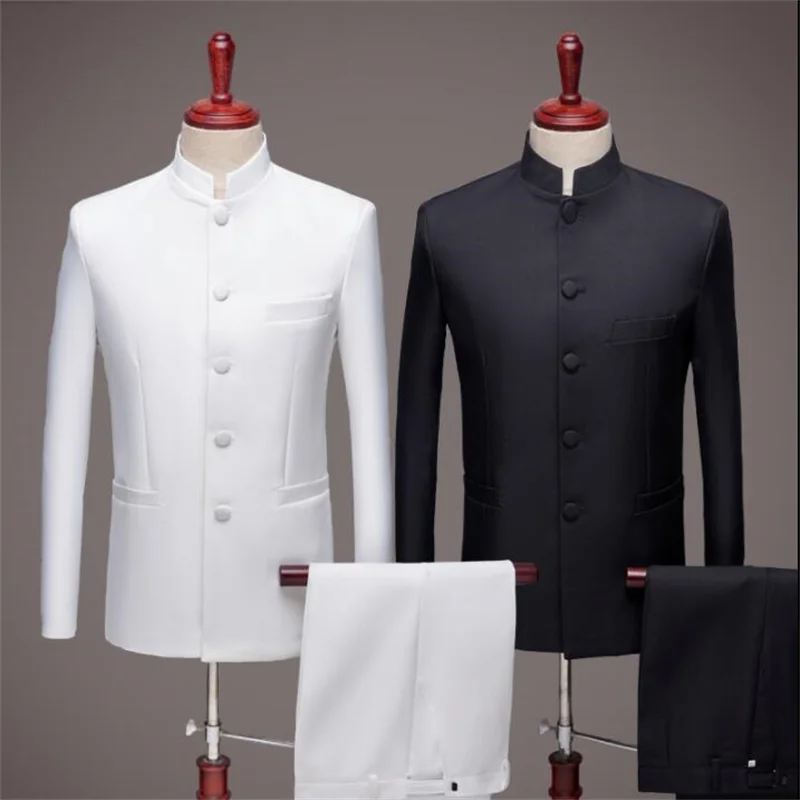 Stand collar Blazer men groom suit set with pants mens wedding suits costume Chinese style stage clothing formal dress