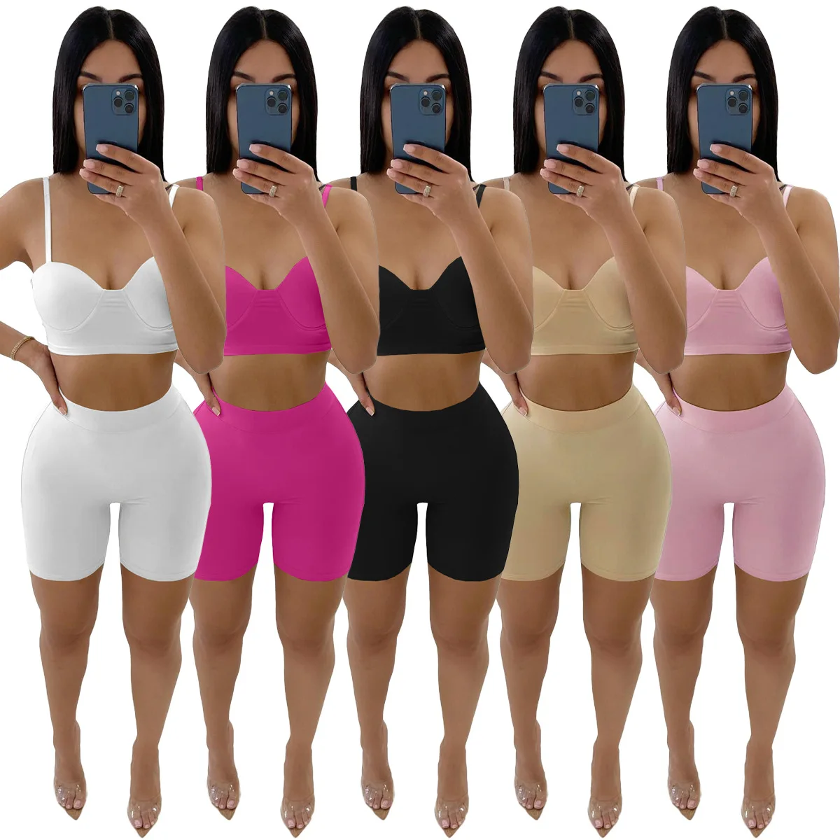 

51F195 2022 Summer Clothes for Women New 2022 Fashion Women Sexy 2 Piece Outfits Low-cut Suspenders Low-waist Slim Shorts Sets