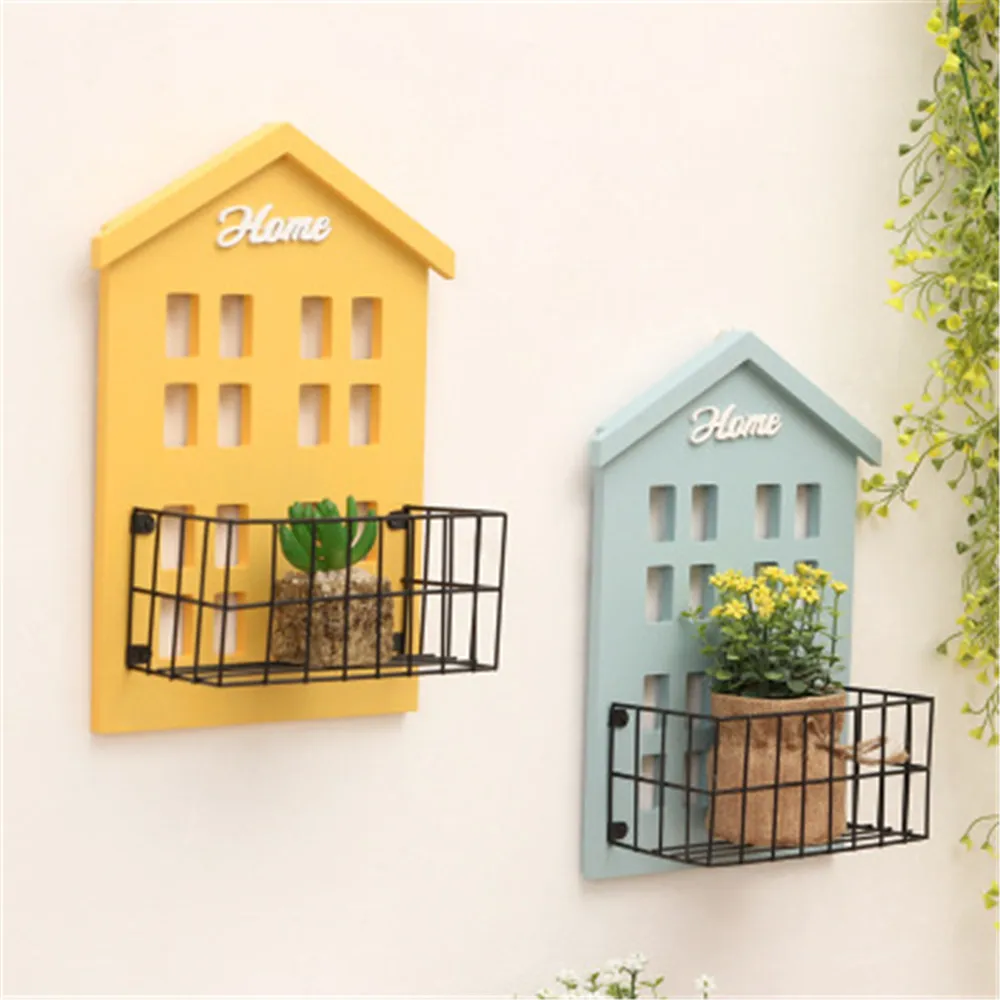 

Creative Iron Shelf Wooden House Wall Storage Rack Decorative Bedroom Living Room Metal Shelves for Keys Phone Holder Home Decor