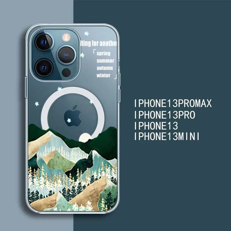 

mountain beach painting Phone Case For iPhone 13 12 Mini Pro Max transparent Super Magnetic MagSafe Cover