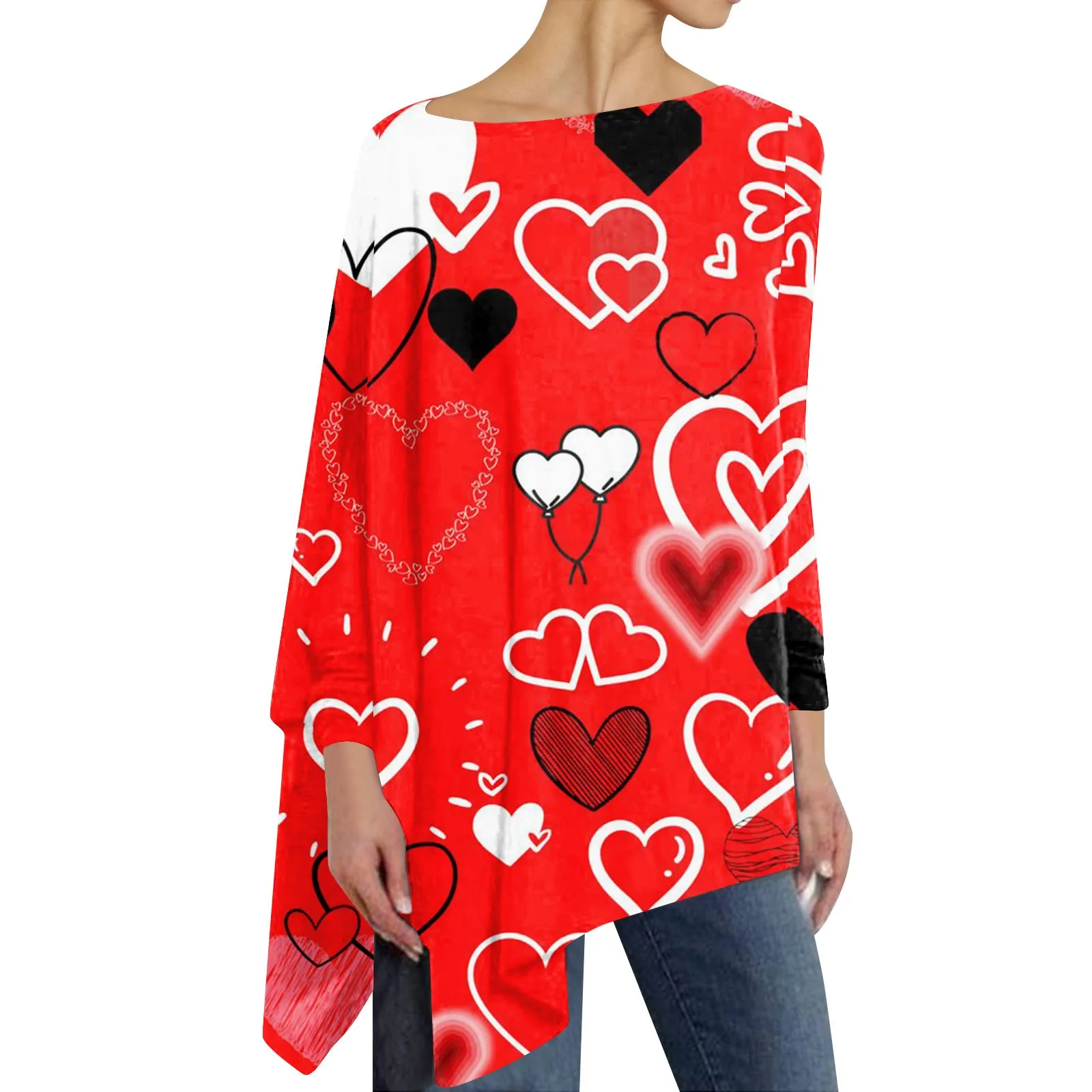

Women'S Fashion Casual Asymmetric Hem Long Sleeve Round Neck Valentine'S Day Love Print Top T-Shirt Street Style Charming Women