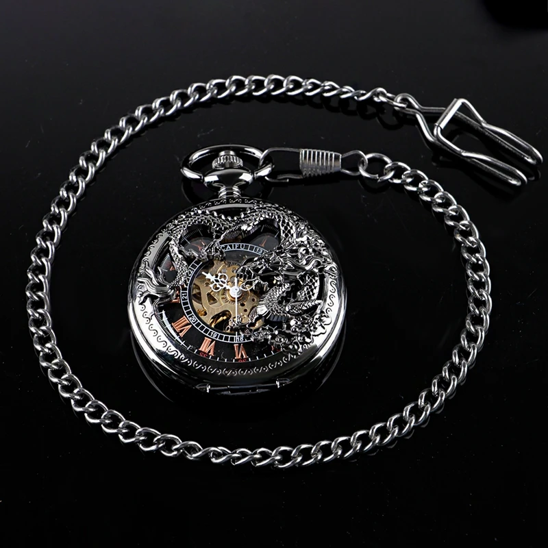 Fashion Steampunk Black Flying Dragon Embossed Mechanical Pocket Watch Vintage Bracelet Waist Chain Accessories Gentleman Watch