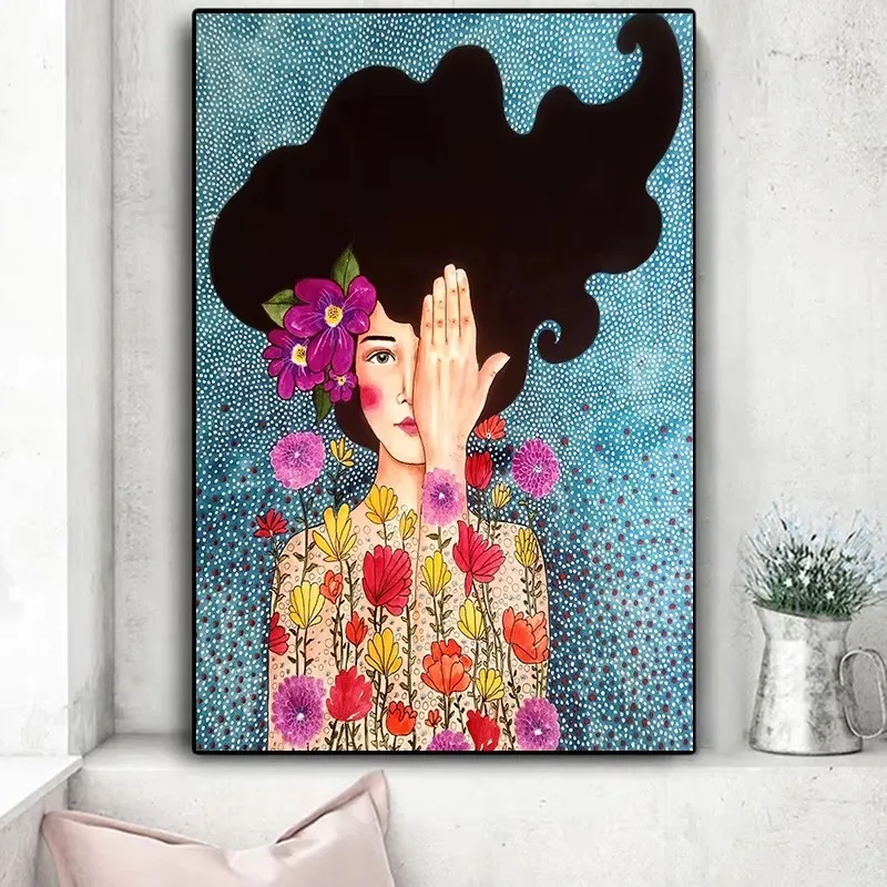 Vintage Abstract Girl Hair Flower Women Wall Art Poster Fashion Nordic Canvas Painting Wall Art Pictures for Home Decoration